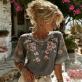 Women's Japanese Floral Print Crew Neck Linen Blend Short  Sleeve T-shirt