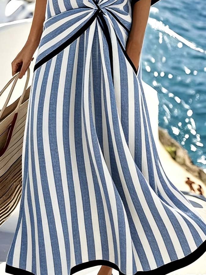 Women'S Casual Color-Block Striped Dress