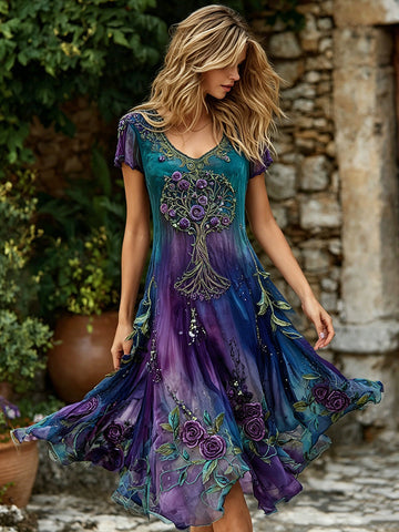 Women's Retro Viking Tree Of Life And Floral Pattern Casual Long Dress