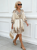 Lantern Cuffs Printed V-neck Seven-quarter-sleeved Lace-up Waist Dress