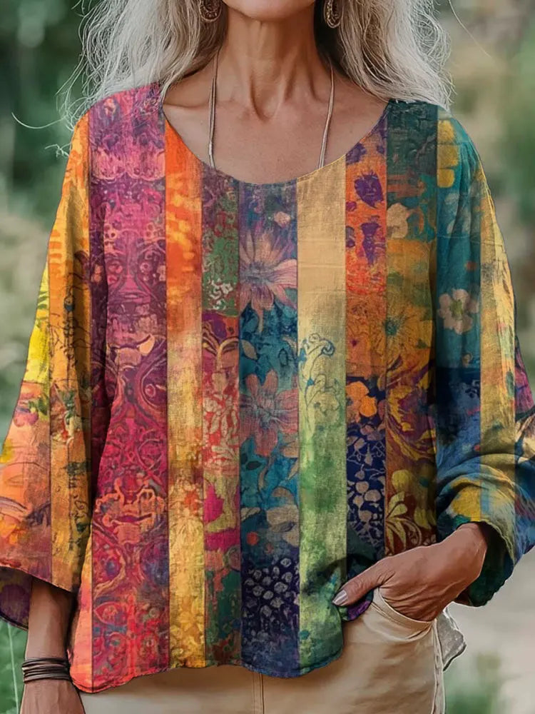 Bohemian Vintage Floral Print Women's Linen Shirt
