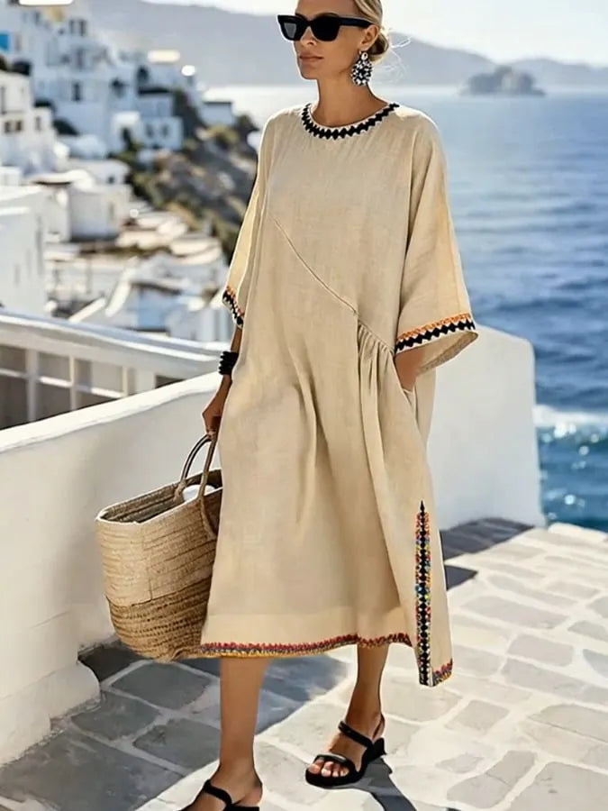 Women'S Casual Color-Block Cotton And Linen Dress
