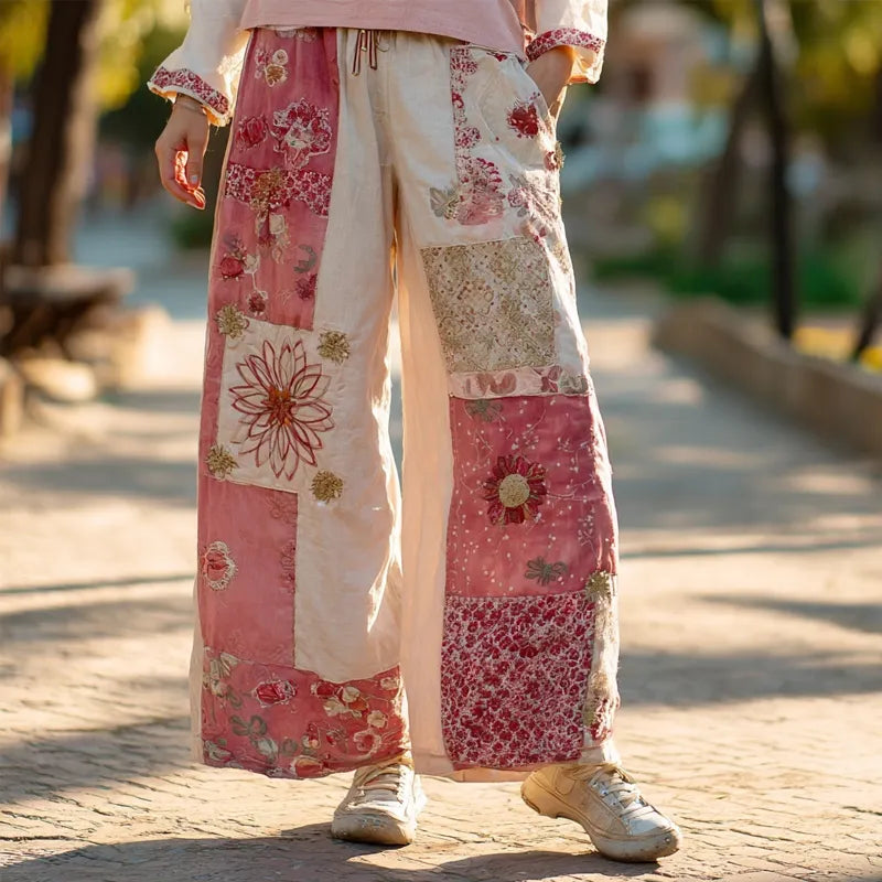 Vintage Boho Floral Embroidered Patchwork Linen Trousers