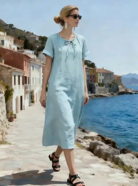 Women's Round Neck, Tie-Waist, Casual Short-Sleeved Dress