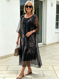 Black Floral Chiffon Midi Dress, Loose Tummy Hiding 3/4 Sleeve Printed Dress for Mature Women