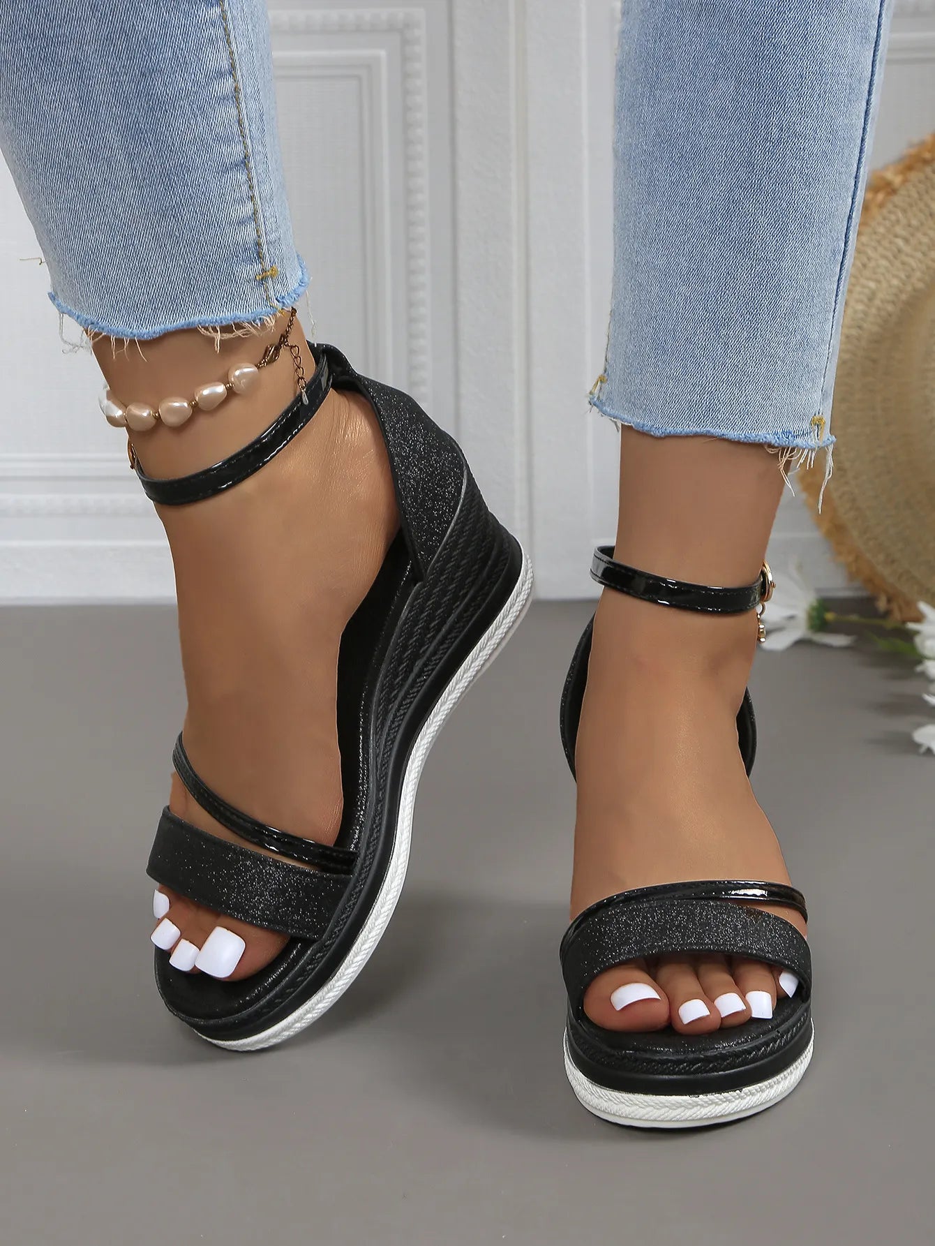 Wedge Heel Sandals Platform-soled Fish Mouth One-word Buckle with Rhinestone Bag and Muffin Women's Sandals