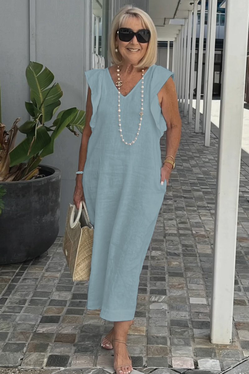 Casual Dress with Ruffle Sleeves,Back Adjustment Rope,Deep Pockets,Pure White Formal Dress, Evening Dress