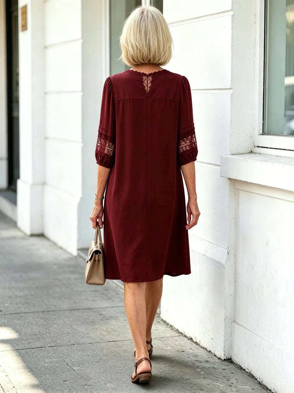 Navy Blue Lace Spliced Midi Dress, V Neck 3/4 Sleeve Loose Tummy Concealing Slimming Casual Dress for Mature Women