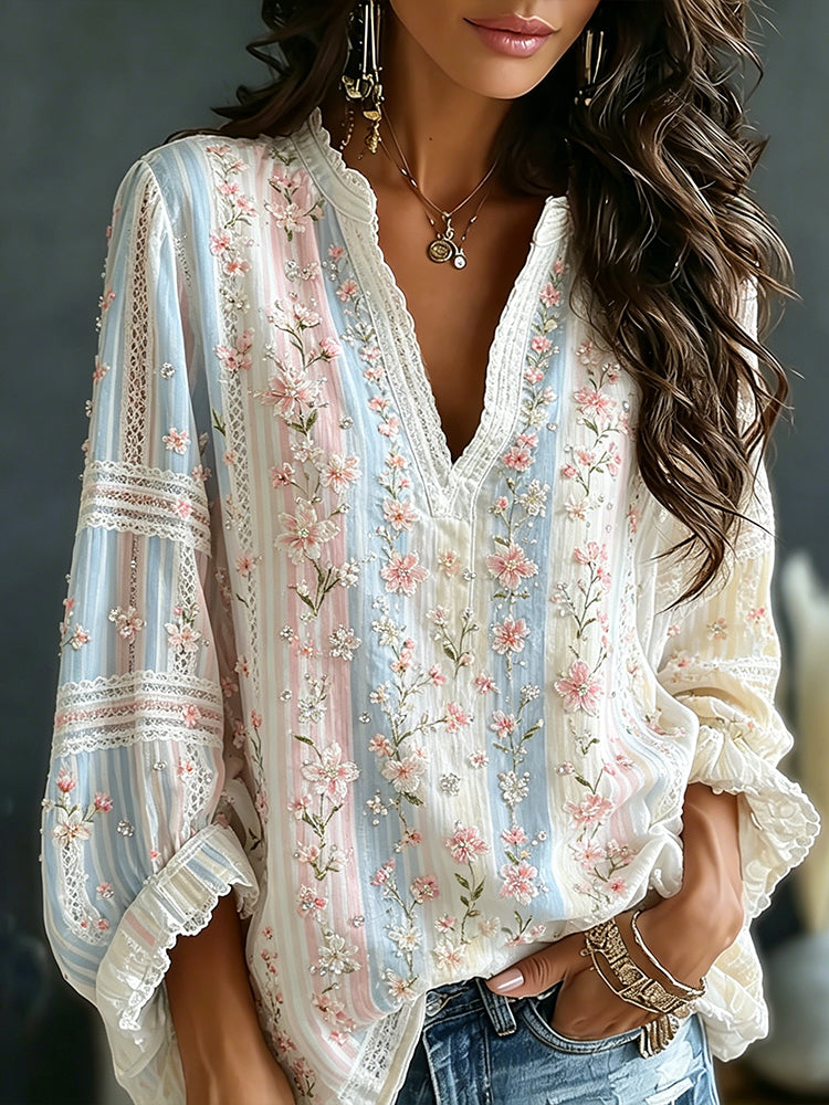 Women's Pink Floral And Lace Art Striped Comfortable Linen Blend Casual Long Sleeve Top