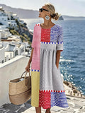 Women's Casual Round Neck Half Sleeve Striped Contrast Print Dress