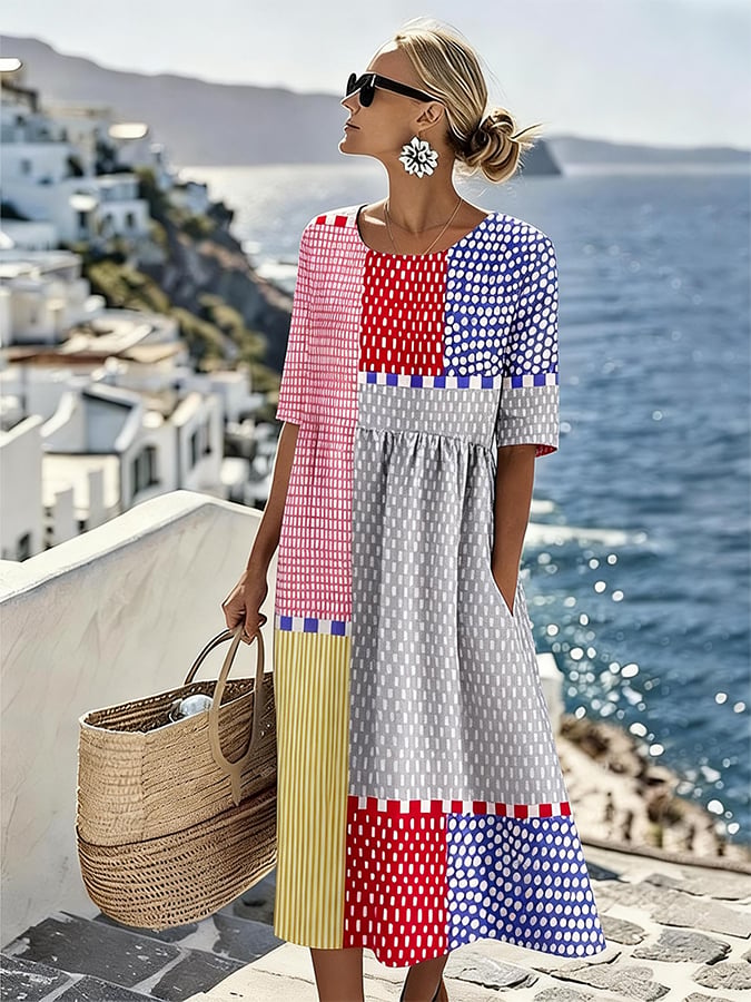 Women's Casual Round Neck Half Sleeve Striped Contrast Print Dress