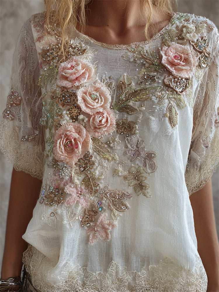 Boho Pink Roses Glitter Fiber Art Lace Flowy Linen Tunic