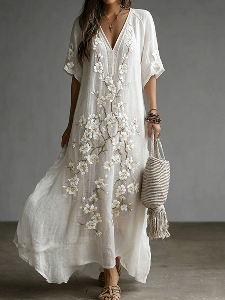 Vintage Japanese Plum Blossom Art Embroidered Casual Linen Maxi Dress