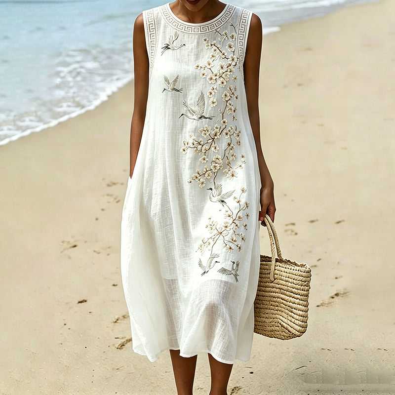 Japanese Style Cherry Blossom And Cranes Art Cotton Linen Sleeveless Dress