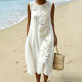 Japanese Style Cherry Blossom And Cranes Art Cotton Linen Sleeveless Dress