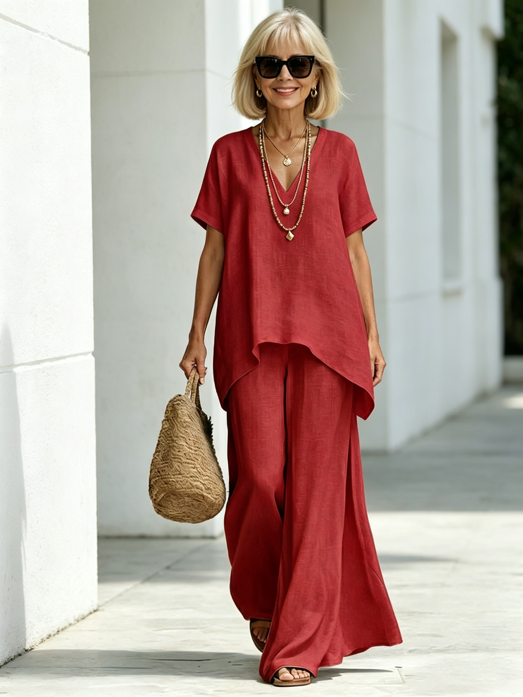 Cotton and Linen V-neck Short-sleeved Fashion Loose Top Wide-leg Pants Set