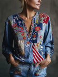 Independence Day Vintage Ethnic Floral Embroidery Women's Linen V-neck Shirt