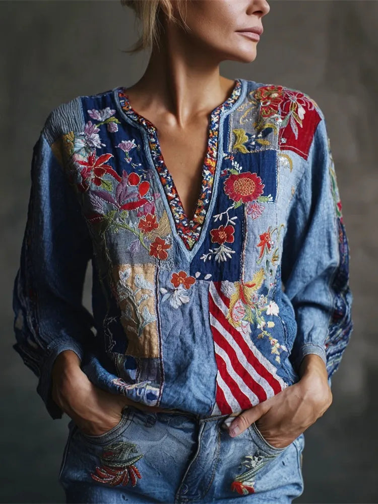 Independence Day Vintage Ethnic Floral Embroidery Women's Linen V-neck Shirt