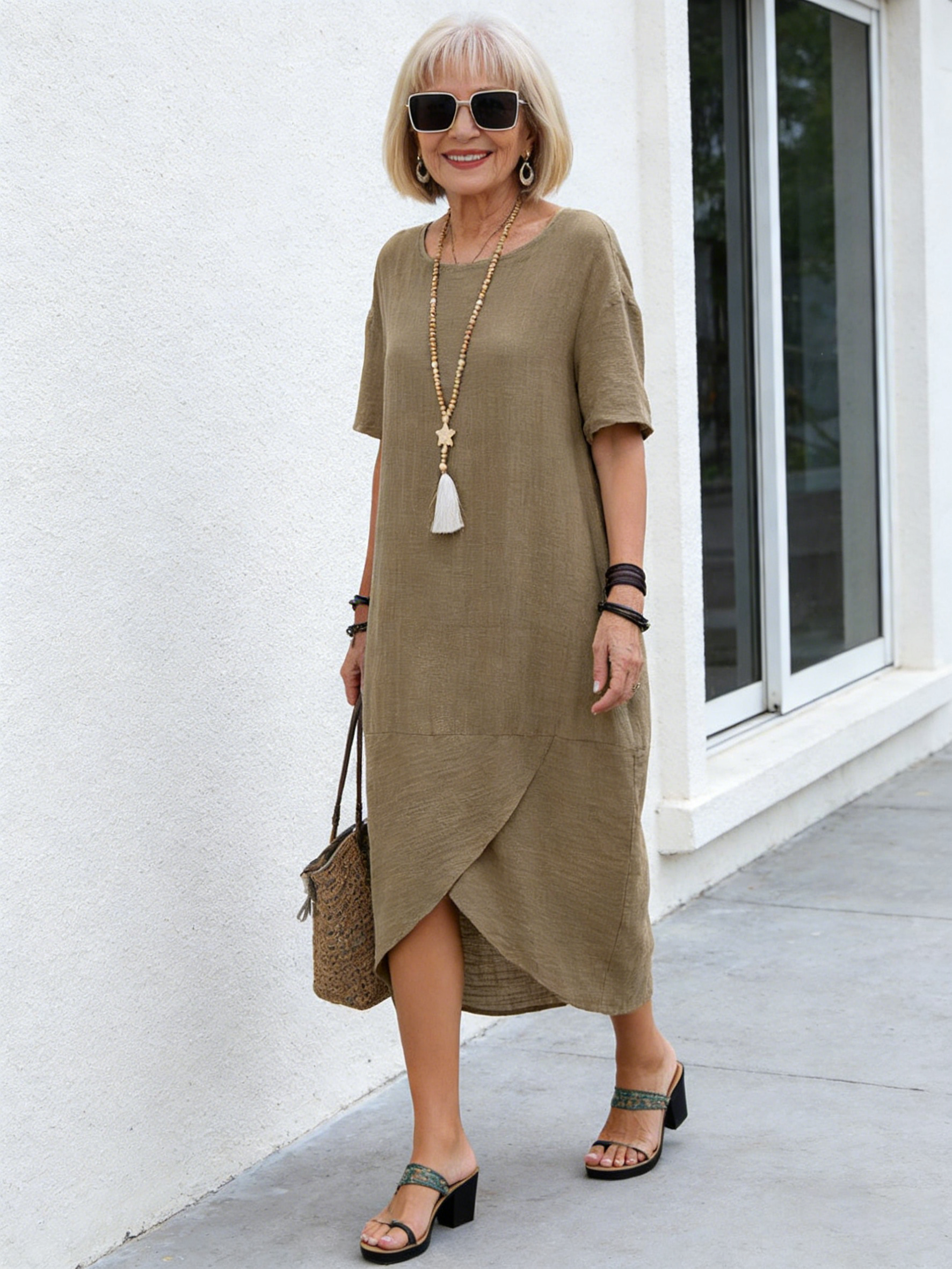 Solid Color Cotton and Linen Retro Round Neck Short Sleeves Mid-Length Dress Women