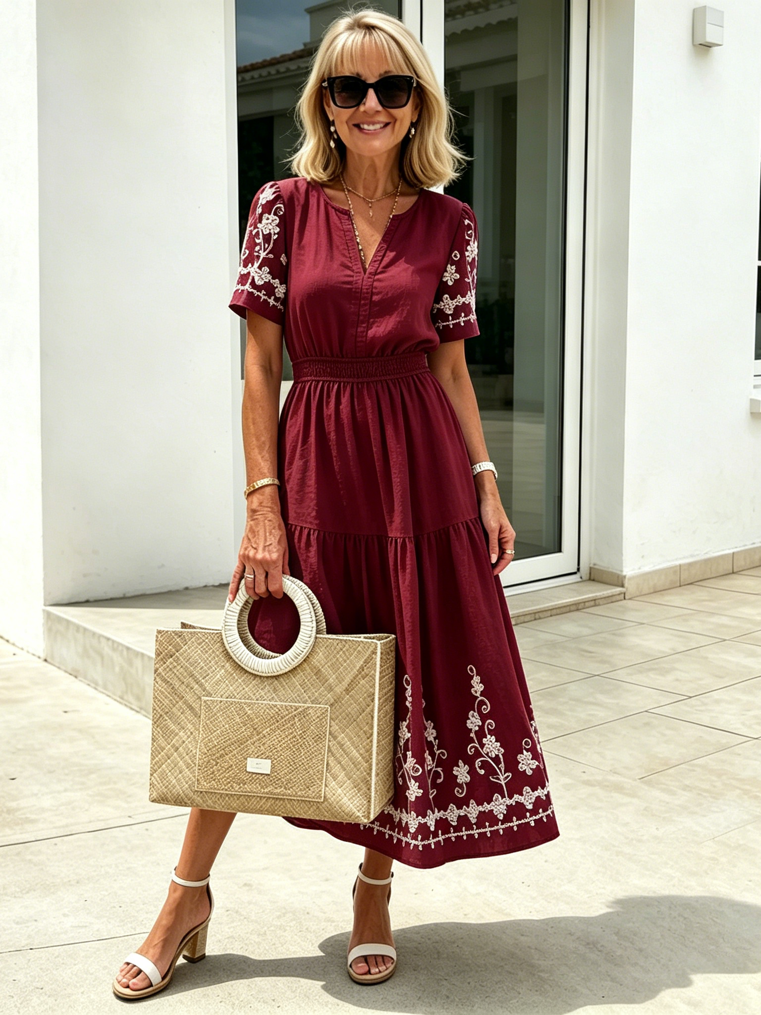 Simia Floral Short-sleeved Dress V-neck A-shaped Skirt