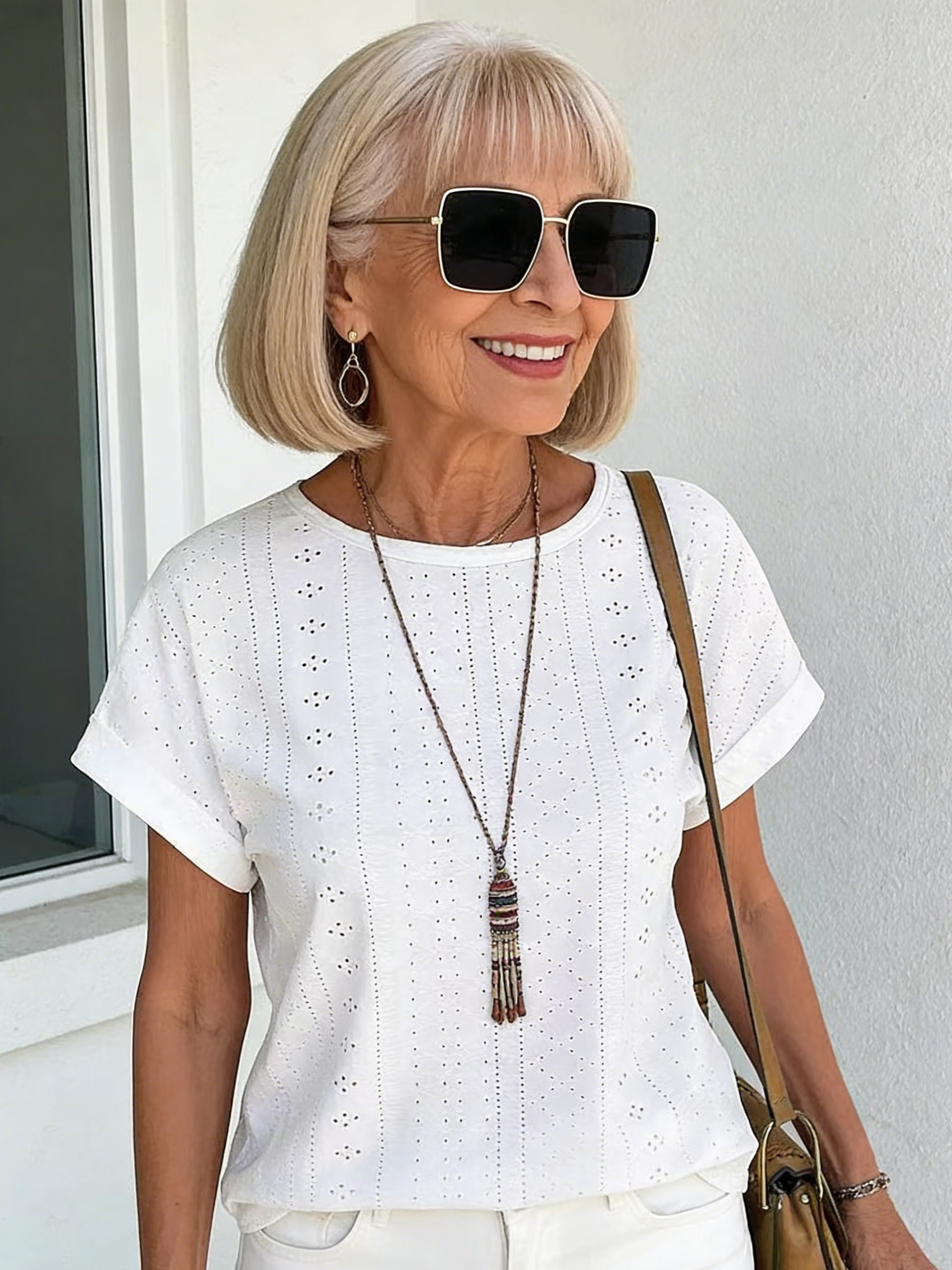 Textured Fabric Solid Color Crew Neck Loose Short Sleeve T-Shirt Top Women