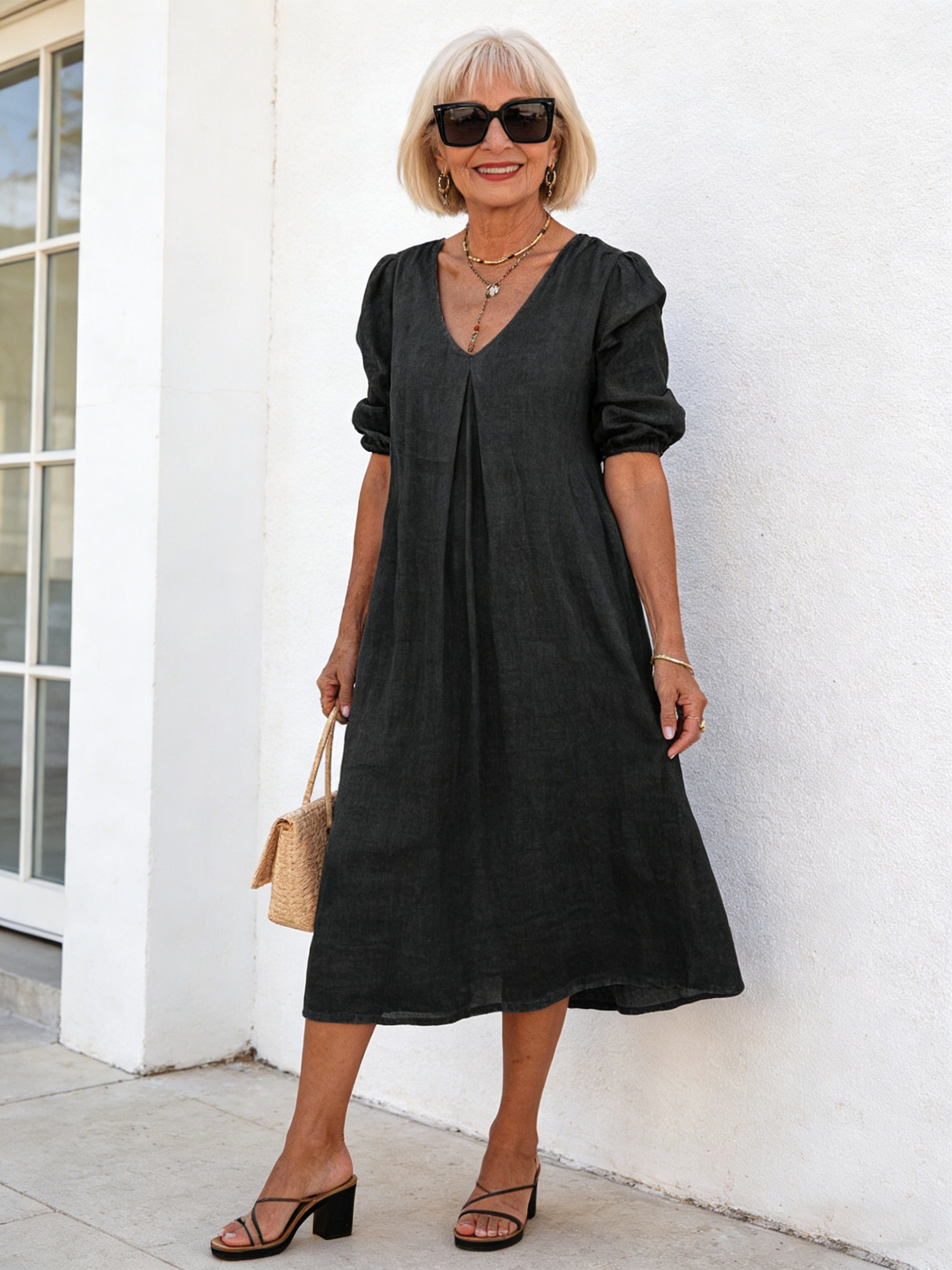 Blue Deep V Cotton and Linen Dress