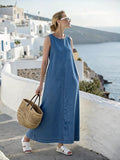 Women'S Round Neck Sleeveless Pocket Long Denim Dress