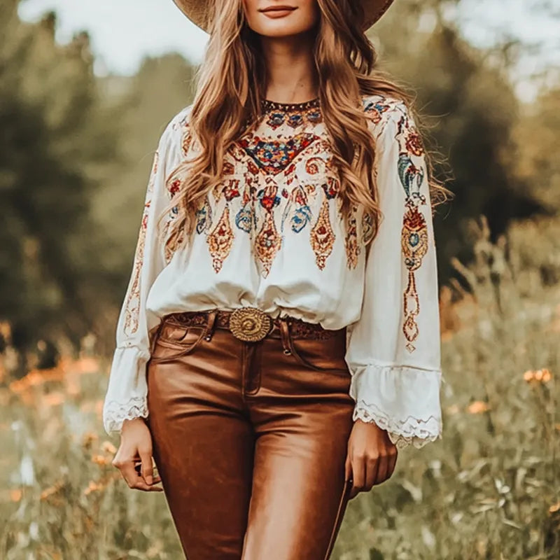 Women's Loose Bubble Sleeves West Cowboy Bohemian Elegance Ethnic Patterns Lace Crop Top