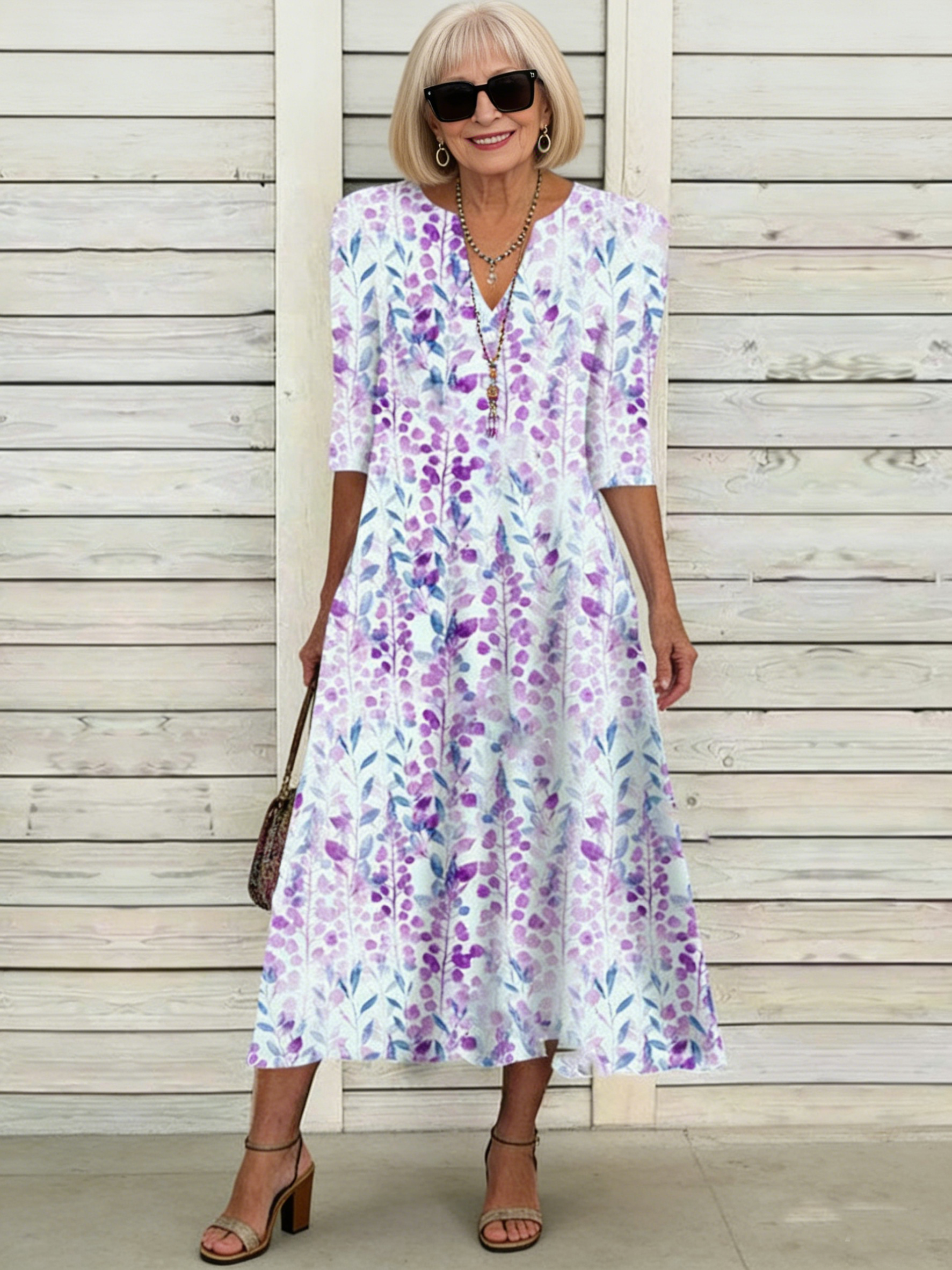 Positioning Printed Button Medium Sleeve Dress