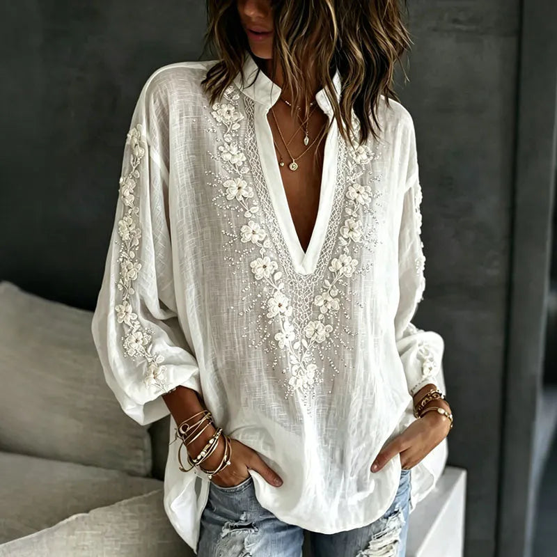 Women's Vintage Romantic White Rose Art Linen Blend Long Sleeve Tops