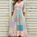 Women's Vintage Flower Embroidery Patchwork Art Cotton Linen Casual Dress
