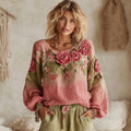 Women's Rose Embroidery Art Round Neck Loose T-shirt