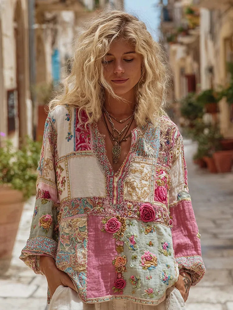 Women's Vintage Bohemian Floral And Rose Patchwork Linen V Neck Shirt