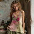 Women's Rose Embroidery Patchwork Print V-neck Tank Top