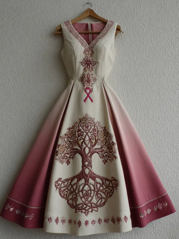 Women's Tree Of Life Pink Ribbon Embroidery V Neck Tank Belt Maxi Dress