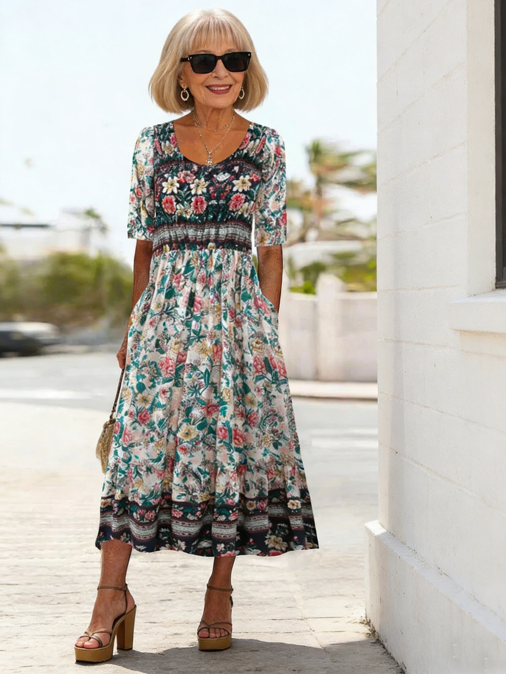 Flower Print Half Sleeve V-Neck Tunic Dress