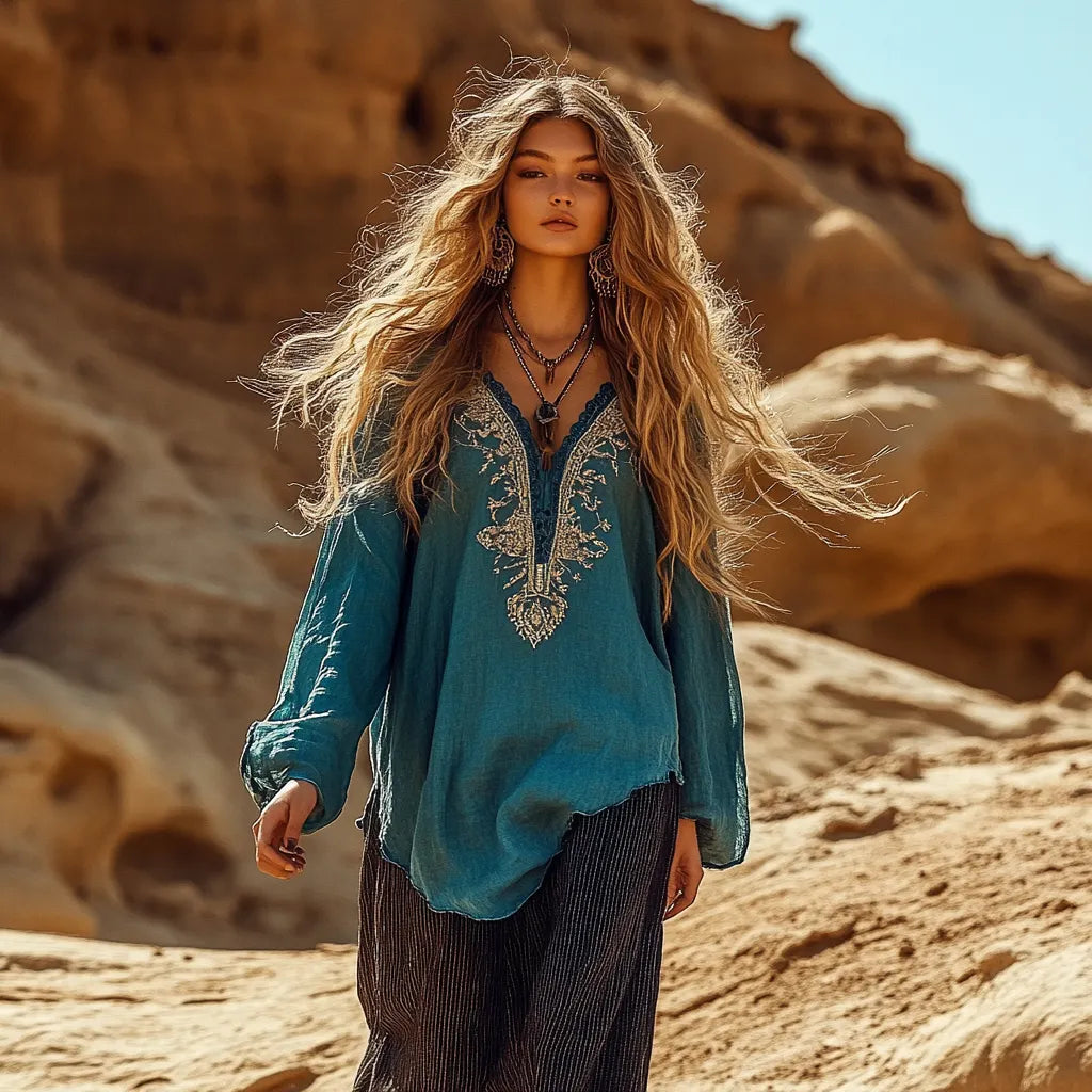 Desert Style Holiday Bohemian Vintage Linen Casual Top
