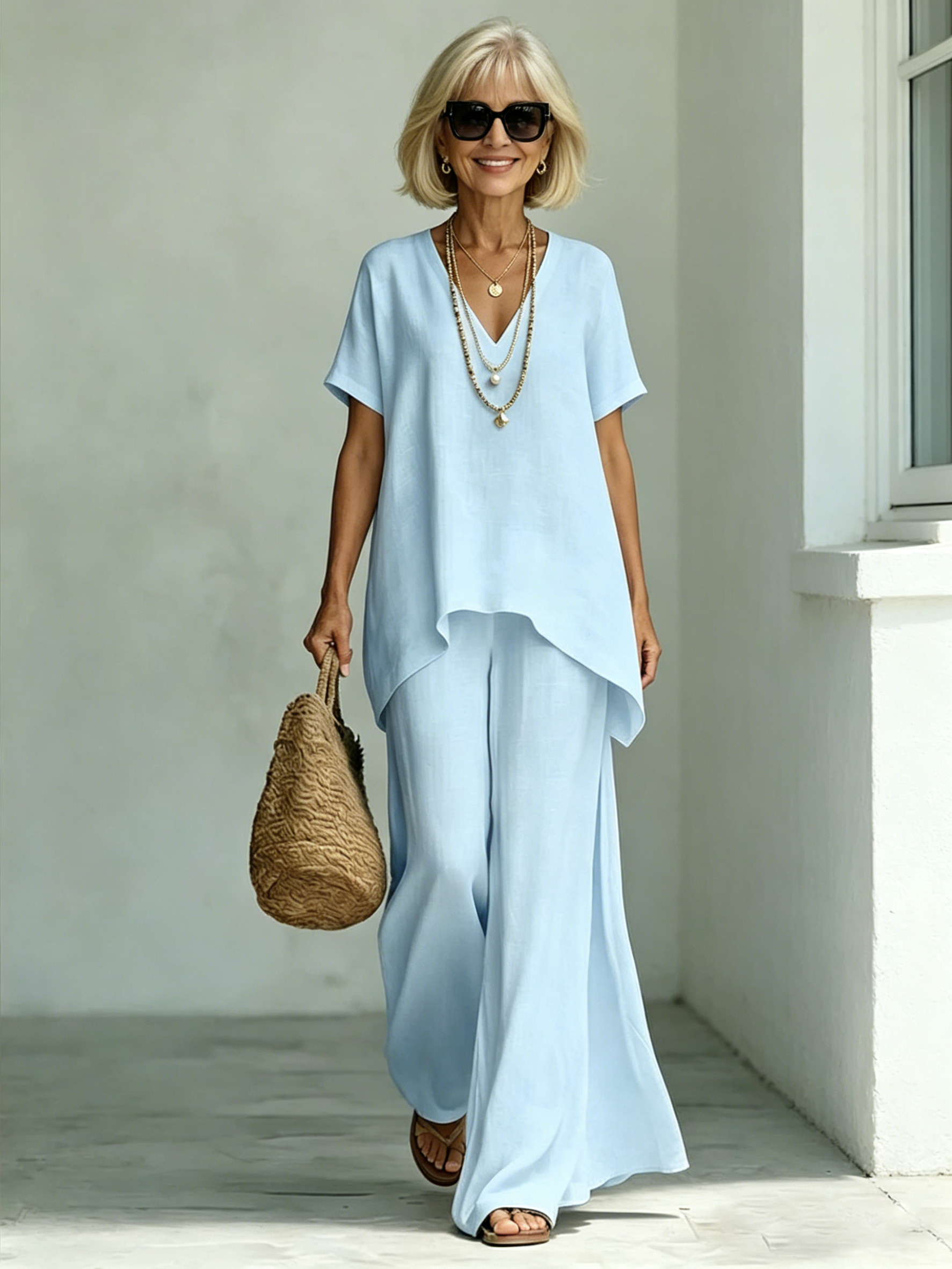 Cotton and Linen V-neck Short-sleeved Fashion Loose Top Wide-leg Pants Set
