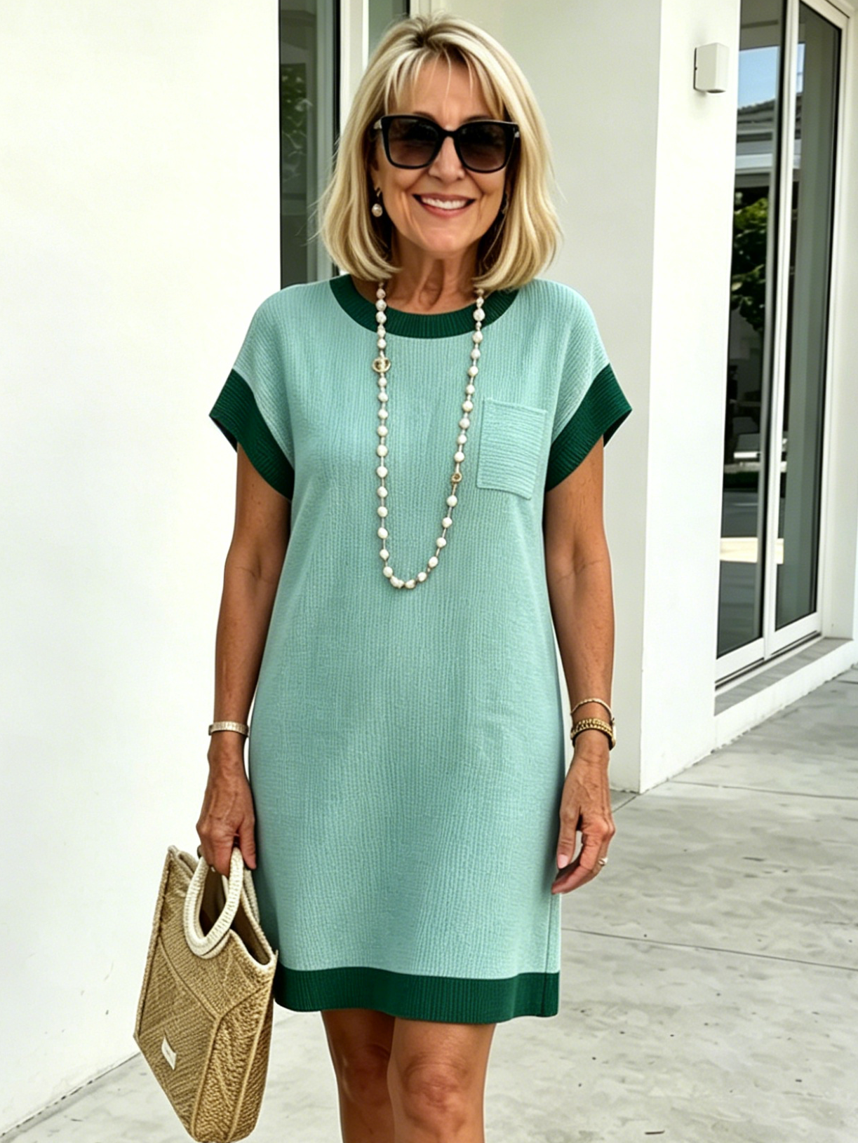 Textured Fabric Casual Contrast Twist Strip Short Sleeve Pocket Dress