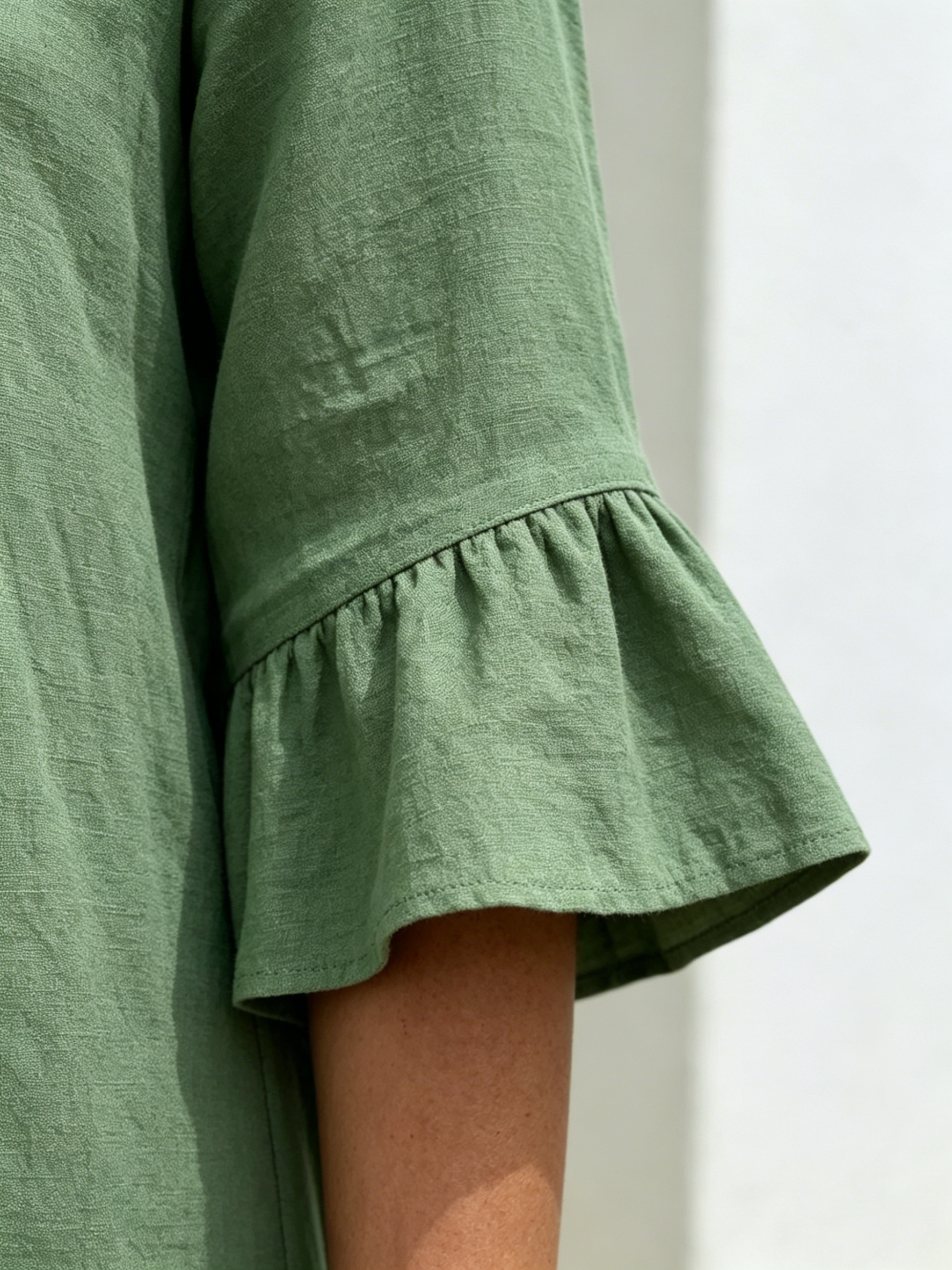 Cotton and Linen V-neck Large Button Lotus Leaf Sleeve Design Dress