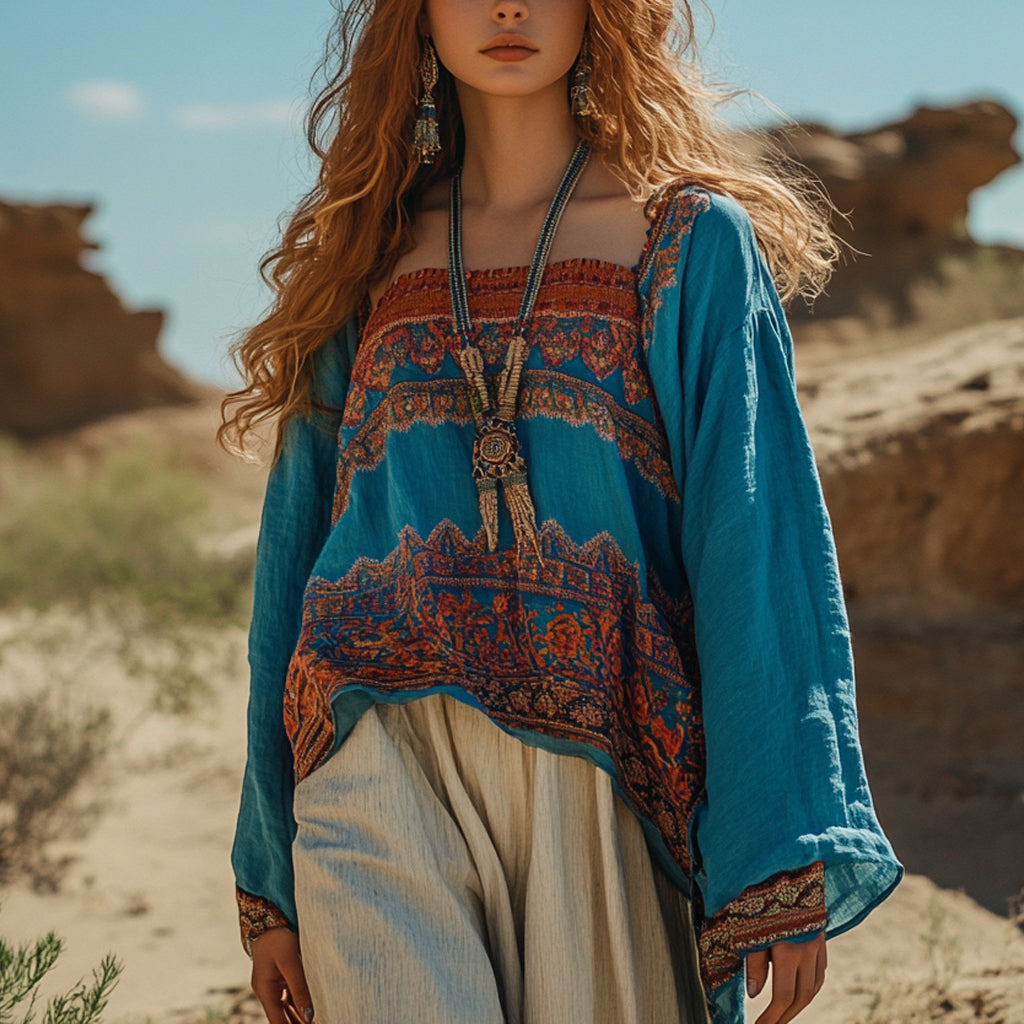 Desert Style Holiday Bohemian Vintage Linen Casual Top