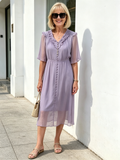 Lavender Ruffle V-Neck Chiffon Midi Dress, Elastic Waist Half Flutter Sleeve Button Detail Slimming Casual Dress for Mature Women