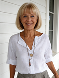 Cotton and Linen Loose T-shirt Women's V-neck Cotton and Linen Button-down Top