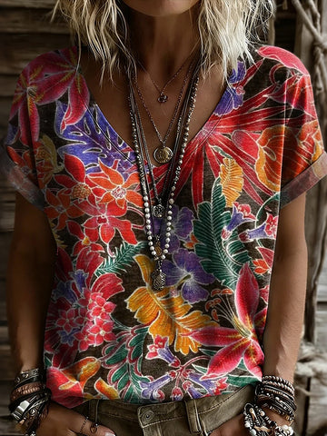 Women's Retro Floral Print V-neck Casual T-shirt