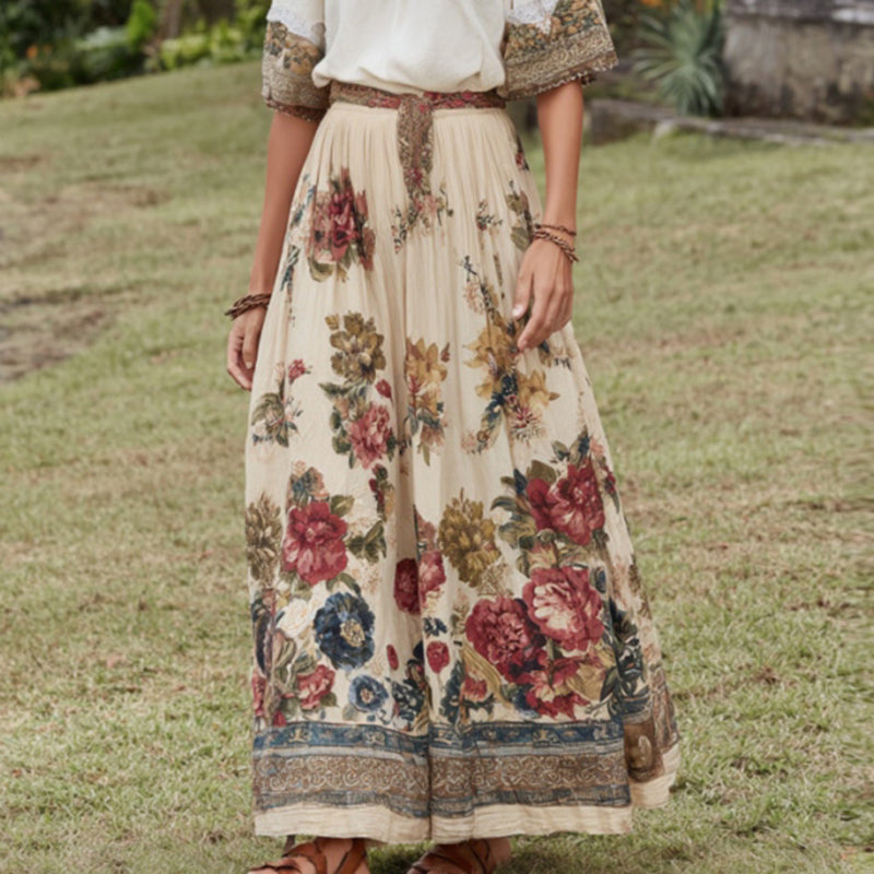 Women's Vintage Floral Linen Midi Skirt