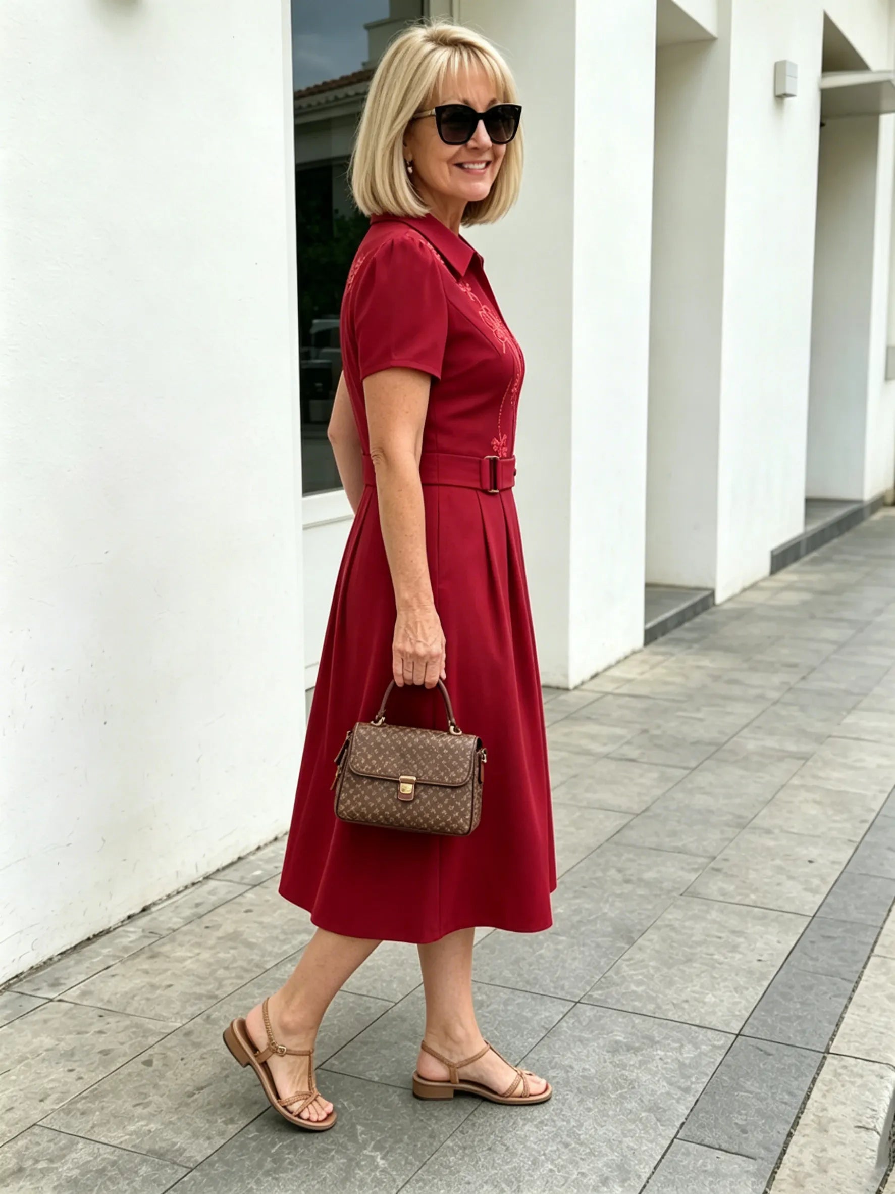 Brown Collared Sequin Embellished A-Line Midi Dress, Belted Waist Short Sleeve Elegant Dress for Mature Plus Size Women