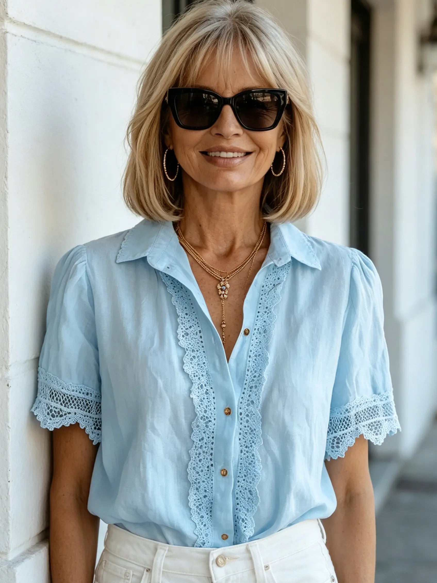 Lace Cotton and Linen Short-sleeved Casual Shirt Women
