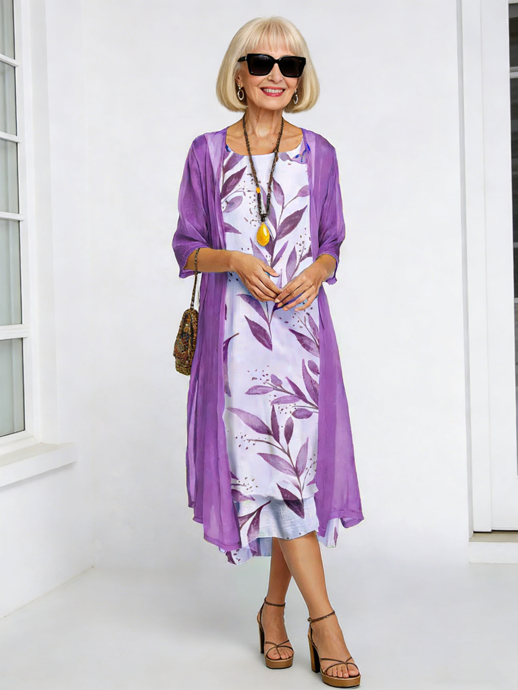 Long Dress Two-piece Flower and Plant Print Crew Neck Dress Coat Women