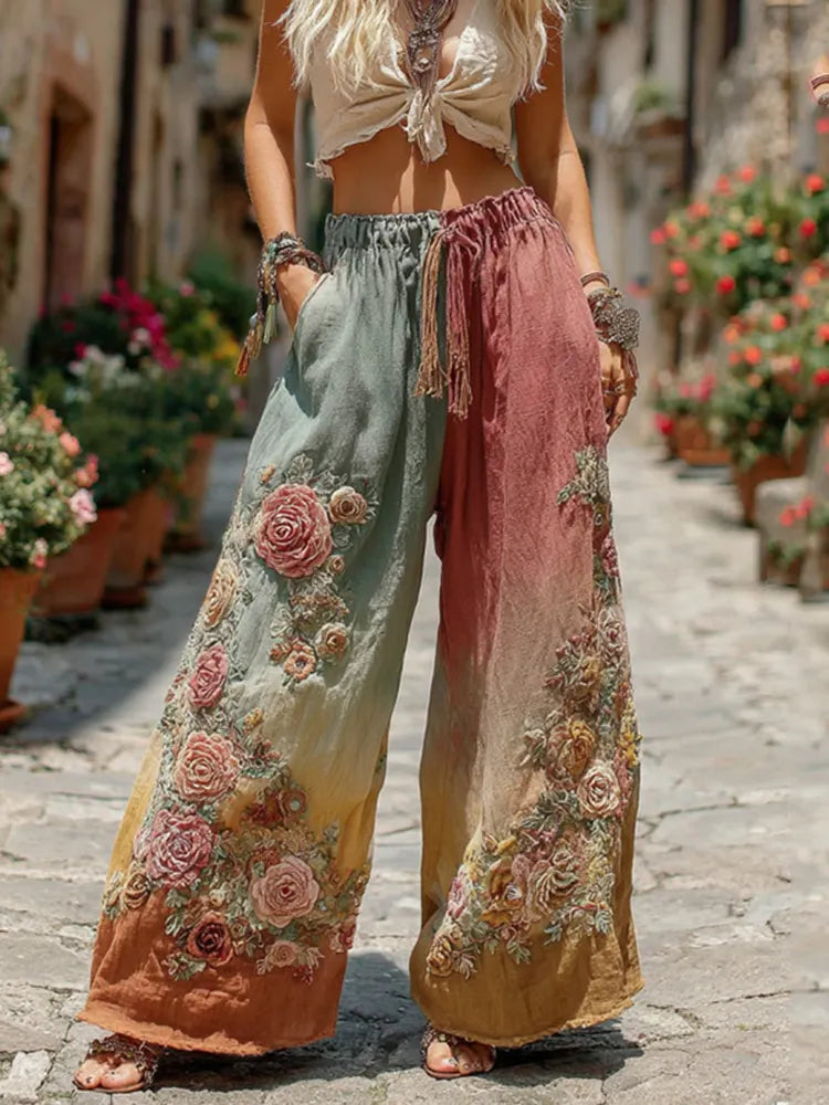 The Ice Cream Collection Women's Classic Bohemian Floral And Rose Gradient Art Linen Pants