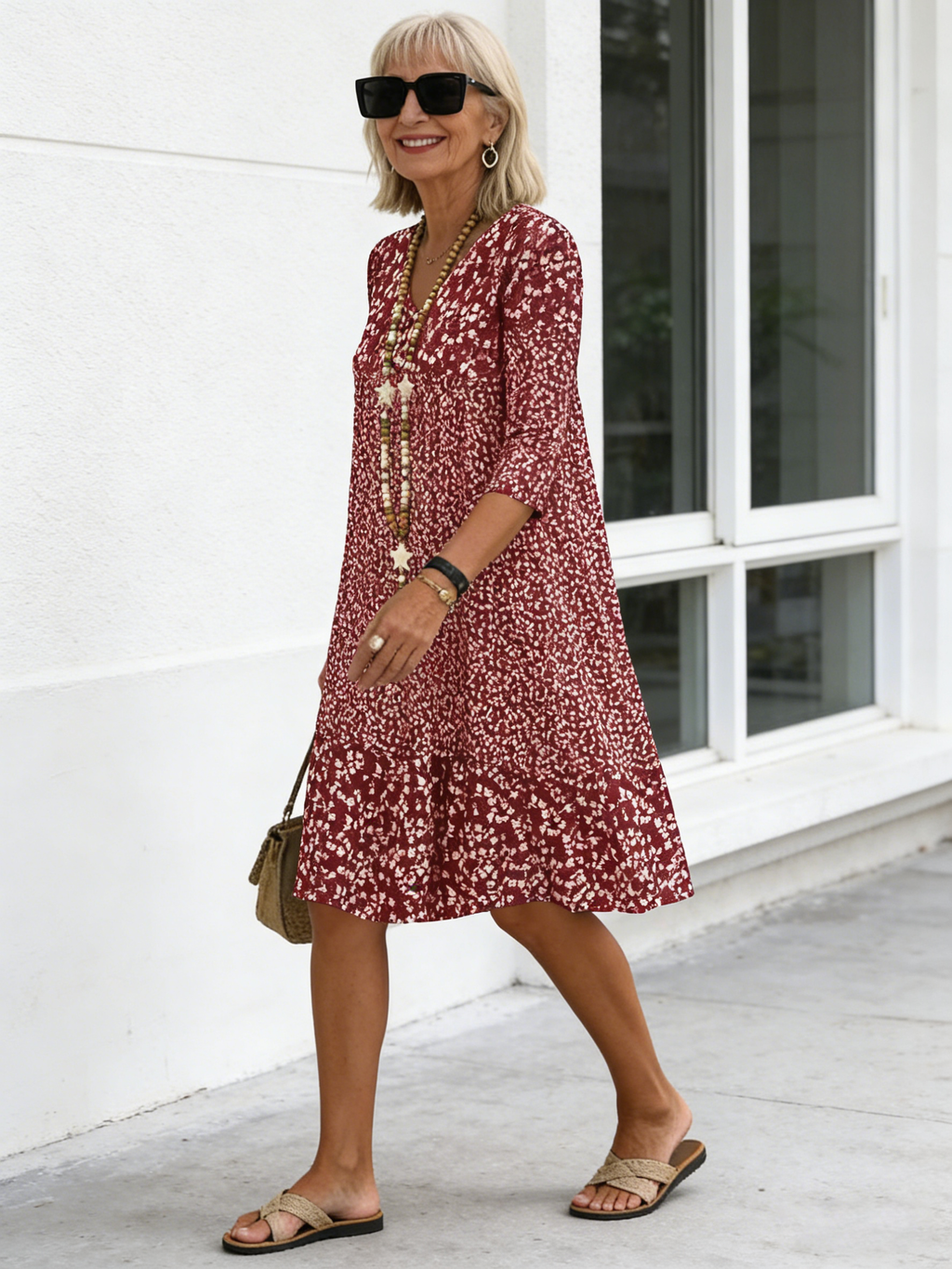 Bohemian Floral Print Half Sleeve V-neck Mid-Length Dress